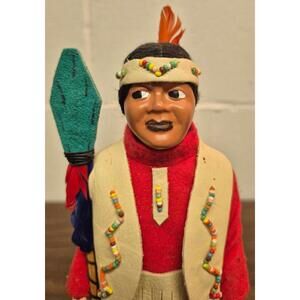 Vintage Native American Indian Figurine with Beaded Clothing and Feathered Heir